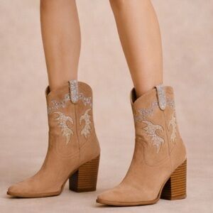 Women's Tan Suede Western Block Heel Boots with Sparkle Embroidery